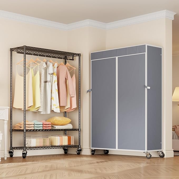 H4 Plus Rolling Clothes Rack with Cover, Heavy Duty Garment Rack, Wardrobe Closet with Wheels, Portable Closets for Hanging Clothes, Closet Organizer Storage, Black Rack with Grey Cover
