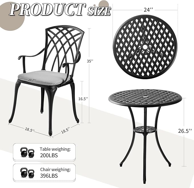 3 Piece Patio Bistro Set with Cushions, Outdoor Bistro Table and Chairs Set of 2 with Umbrella Holes, All Weather Bistro Table Set for Garden Porch Pools (Black with Grey Cushion)