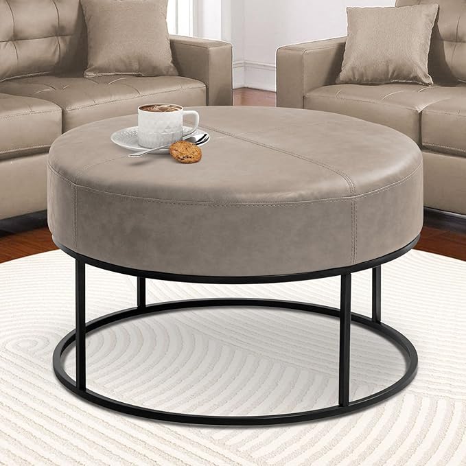 Modern Round Coffee Table, Farmhouse Ottoman Coffee Tables for Living Room, Large Vintage Leather Tables with Leather Upholstered Padded Seat [Round, Taupe, 30'']