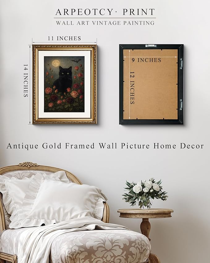 VIYYIEA Vintage Gold Framed Wall Art for Living Room, Black Cat Artwork Prints Decor, Gothic Magicalism Wall Decor, Gallery Picture Painting, for Bedroom Bathroom Kitchen 16L x 13W