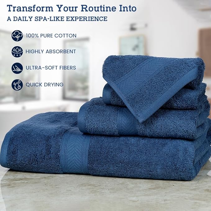 Casa Lino 100% Cotton Bath Towels Set of 4 (1 Bath Towel, 1 Hand Towel & 2 Wash Cloths) - Bathroom Towels and Washcloths Set - Complete Bathroom Set - Guest Room Essentials - (Cobalt Blue)