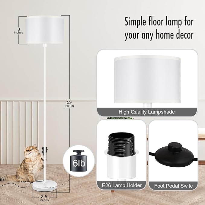 Floor Lamp White, Standing Lamp, 58" Tall Floor Lamp with Lampshade, Foot Pedal Switch, Modern Small Floor Lamps for Living Room/Bedroom/Classroom/Kids Room, White Lamp for Girls' Gift(Without Bulb)