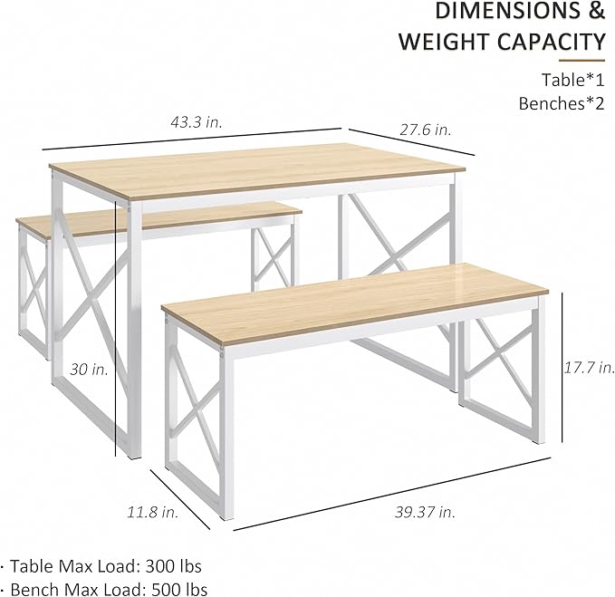 VECELO Kitchen Table with 2 Benches for 4, 43.3'' Wood Dining Room Dinette Sets with Metal Frame for Breakfast Nook and Small Space, Oak