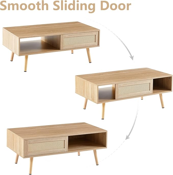 Rattan Coffee Table, 40.3" Mid Century Modern Coffee Table with Storage, Farmhouse Rectangle Wooden Accent Center Sofa Table with Rattan Sliding Door, for Living Room Christmas-Natural