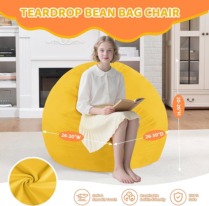 2FT Bean Bag Chair, Comfy Bean Bag Chairs with Memory Foam Filled, Fluffy Beanbag Sofa with Dutch Velvet Cover, Teardrop BeanBag Chairs for Living Room, Playroom - Lemon