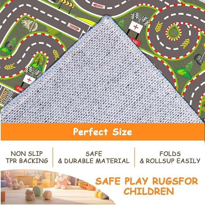 Kids Rug, Race Track Playmat Rugs 47×31 in Kids Carpet with Rubber Backing, Start and Finish line Racing Track Marking Car Road Race 3D Play Mat Nursery Rugs for Children Bedroom Playroom