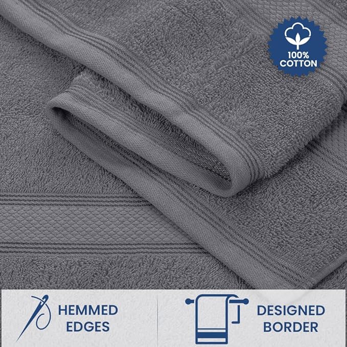 Casa Lino Bath Towel Set of 8 (2 Bath Towels, 4 Wash Cloths & 2 Hand Towels for Bathroom) - 100% Cotton - Highly Absorbent & Quick Dry - Guest Room Essentials for Bathroom Set - (Charcoal Black)