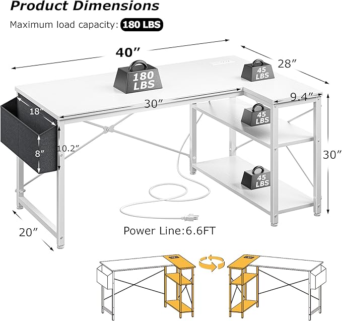 EnHomee Small Computer Desk with Storage Shelves & Side Bag, 40 Inch L Shaped Gaming Desk with Power Outlets, Corner Desk Study Writing Table for Home Office Bedroom Living Room, White