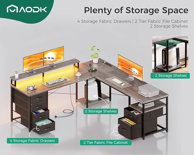 AODK 66" L Shaped Desk, 113" Computer Desk with File Cabinet & 4 Fabric Drawers, Home Office Desk with Monitor Shelf & Power Outlet, Two Person Desk or Corner Desk, Gaming Table with LED Light, Grey