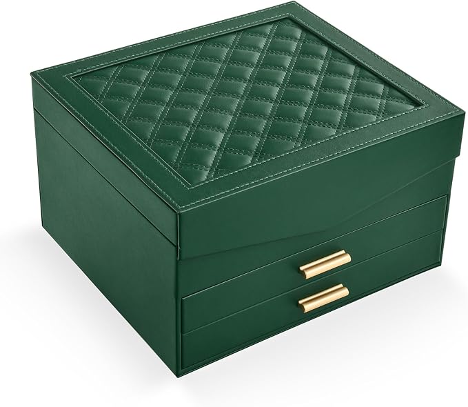Amearea Jewelry Box Organizer for Women Girls with Mirror, 3-Layer Large Jewelry Storage Case, Synthetic Leather Jewelry Holder Organizer with Removable Tray for Necklaces Earrings Rings, Green