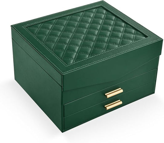 Amearea Jewelry Box Organizer for Women Girls with Mirror, 3-Layer Large Jewelry Storage Case, Synthetic Leather Jewelry Holder Organizer with Removable Tray for Necklaces Earrings Rings, Green