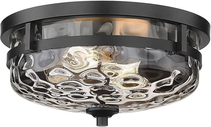 Casia Flush Mount Ceiling Lights, 2-Light Farmhouse Close to Ceiling Light, Hammered Glass Ceiling Light, Industrial Ceiling Lighting Fixture for Kitchen Hallway Living Room Stairwell (Black)