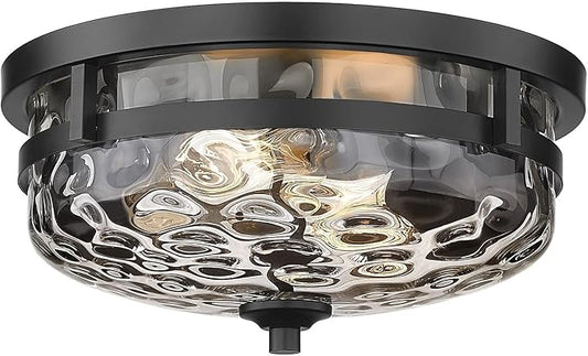 Casia Flush Mount Ceiling Lights, 2-Light Farmhouse Close to Ceiling Light, Hammered Glass Ceiling Light, Industrial Ceiling Lighting Fixture for Kitchen Hallway Living Room Stairwell (Black)