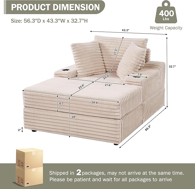 Garvee Oversized Chaise Lounge Chair Indoor with Storage Ottoman, Upholstered Corduroy Sofa Bed Cloud Couch with 3 Pillows, Single Sleeper Sofa Chair for Living Room, Bedroom