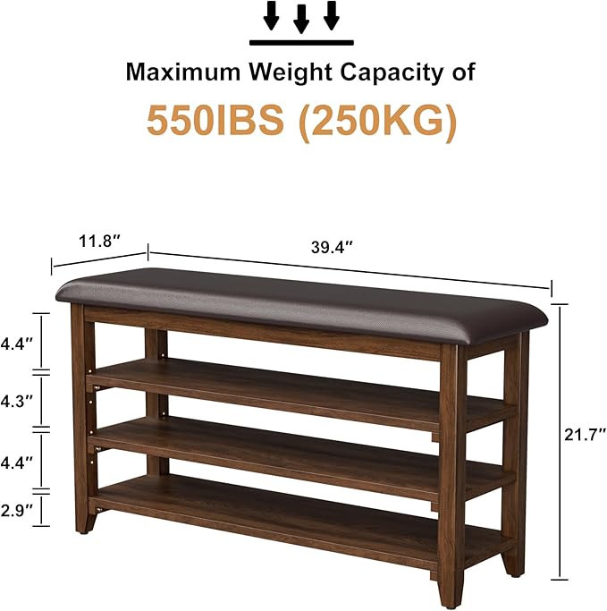 Shoe Bench Storage Rubberwood with Leather Cushion, Entryway Bench with 3-Tiers Height Adjustable, Shoe Rack Front Doors Entrances for Hallway Living Room,Mudrooms (Brown,39.4")