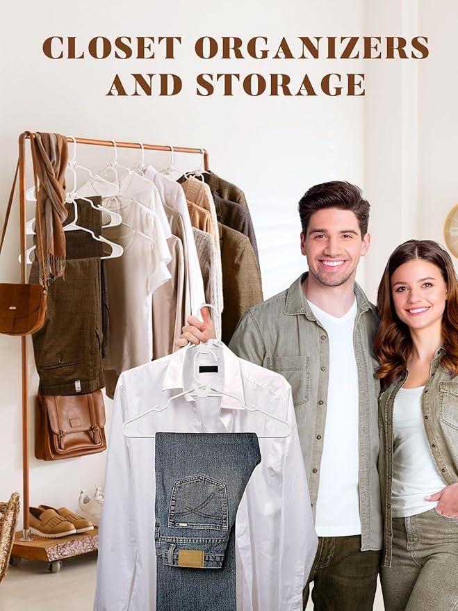 HOUSE DAY White Plastic Hangers 50 Pack with 20 Connector Hooks, Premium Slim Space Saving Closet Organizers, Non-Slip & Heavy Duty Clothes Hangers for Coat, Suit, Shirt, Dress