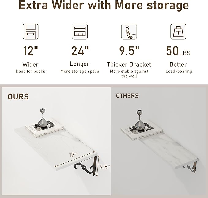 Deep Floating Shelves, 24" W x 12" D Wall Shelves Set of 2, Wide Display Shelf Wall Mounted with Brackets, Bookshelf for Living Room, Bathroom, Bedroom, White