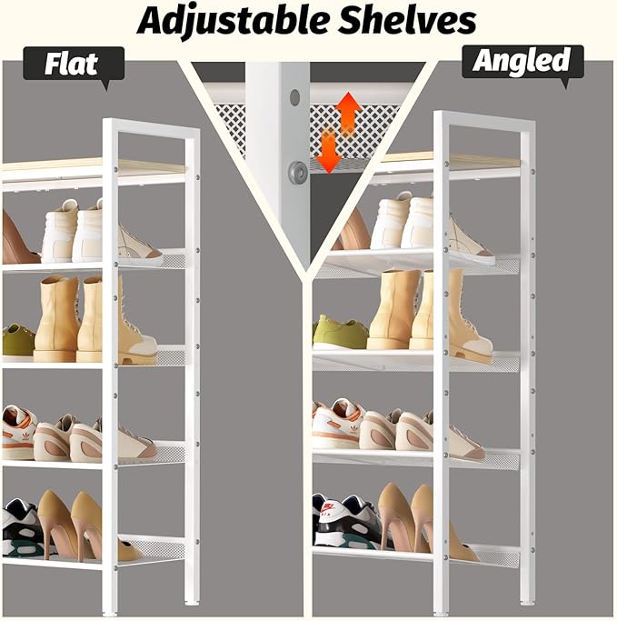 Shoe Rack for Front Door Entrance, 5 Tier Shoe Rack for Entryway, 16-20 Pairs of Shoes, Metal Shoe Racks Organizer, Free Standing Shoe Racks for Closet, Garage, Outdoor (White+Beige)