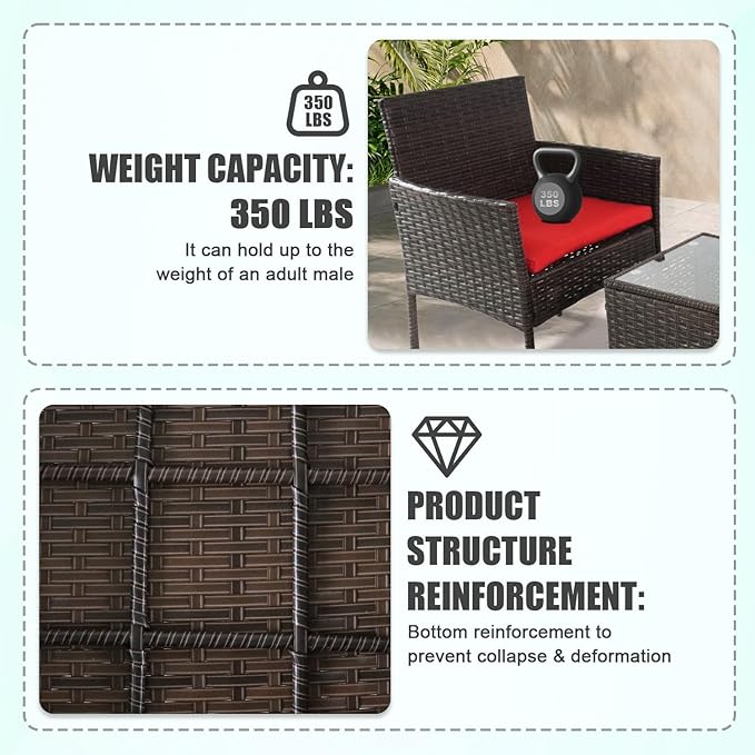 3 Pieces Patio Furniture Set, Outdoor Conversation Sets, Wicker Rattan Chairs for Garden Backyard Balcony Porch Poolside, Set with Glass Table and Soft Cushions (Brown+Red)
