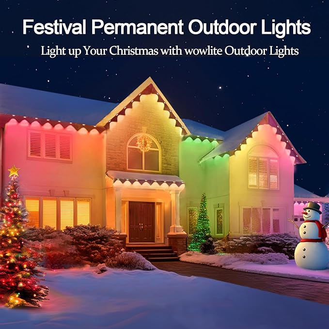 wowlite Permanent Outdoor Christmas Lights 100FT, RGB+IC Smart Eave Lights with 72 LEDs, IP67 Waterproof, 110+ Scene Modes for House, Daily & Holiday Decorations, Works with Alexa & Google