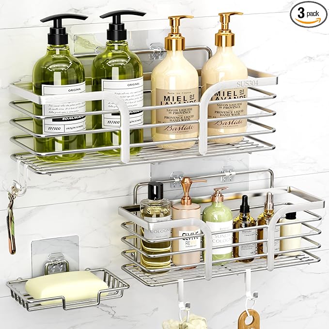 Yougai Shower Caddy Shower Shelf with Soap Dish and 4 Hooks, SUS304 Stainless Steel Shampoo Holder Bathroom Shower Organizer No Drilling Adhesive Wall Mounted Storage Shelves Basket Accessories-3 Pack