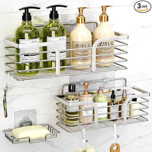 Yougai Shower Caddy Shower Shelf with Soap Dish and 4 Hooks, SUS304 Stainless Steel Shampoo Holder Bathroom Shower Organizer No Drilling Adhesive Wall Mounted Storage Shelves Basket Accessories-3 Pack