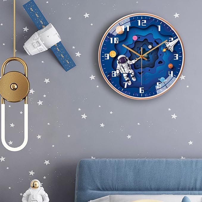 12 Inch Silent Movement Kids Wall Clock, Non Ticking Children Round Wall Clock Battery Operated Space Travel Style Decor Children Clock for School Boys Bedroom Living Room Space Decor (Blue)