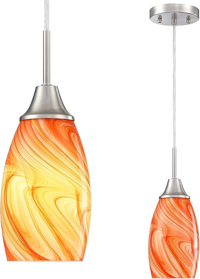 Mini Glass Pendant Light 4.72" with Handblown Orange Marble Art Glass Hanging Light 1-Pack Oval Ceiling Hanging Light Fixture for Dining Room Kitchen Island Cafe Foyer Hallway