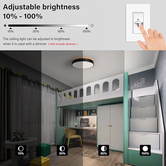 Modern Dimmable LED Close to Ceiling Light Minimalist Wood Oak Flush Mount Ceiling Light Fixture Circle Lighting for Bedroom Kitchen Bathroom Laundry Room (Black, 11.8'')