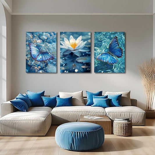 Arjun Blue Abstract Butterfly Canvas Wall Art Water Lily Pond Painting Zen Stones White Lotus Flower Teal Turquoise Pictures Framed for Living Room Bedroom Bathroom Spa Salon Home Office Wall Decor