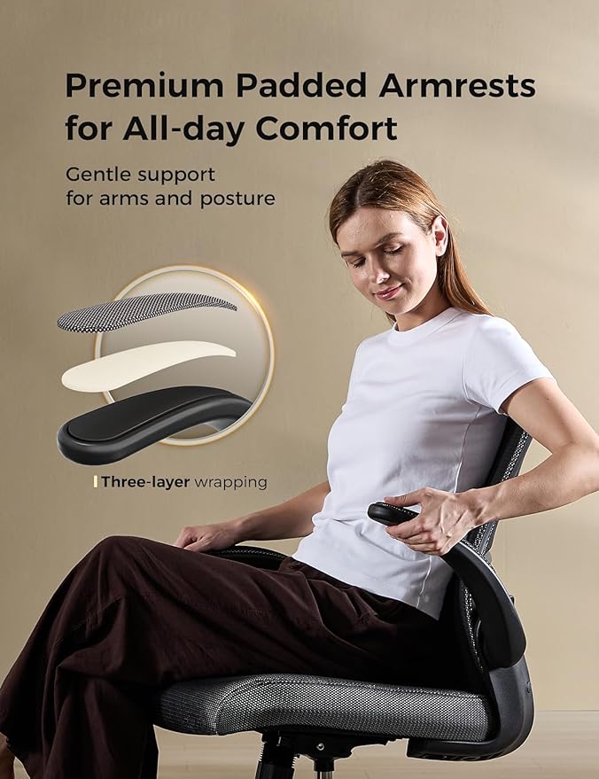 Office Chair, Mesh Ergonomic Desk Chairs, Lumbar Support, Adjustable Height, Flip-up Armrests, Swivel Function and Smooth-Rolling Wheels for Home, Office and Gaming (Black)