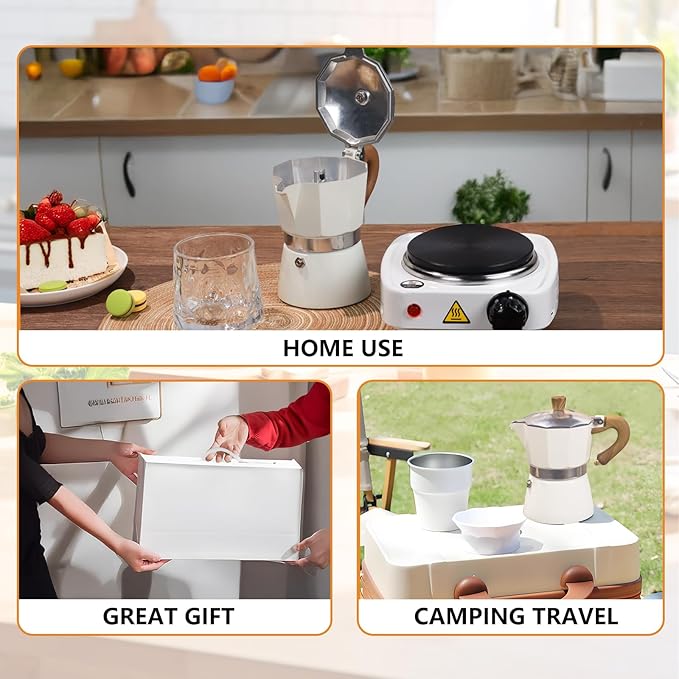 2-in-1 Aluminum Moka Pot Set with Electric Stove Classic Stovetop Espresso Coffee Maker 150ml 5oz Mocha Express Portable Camping Travel Preferred Cafe Makers Italian Cuban Café Brewing 3 Cup