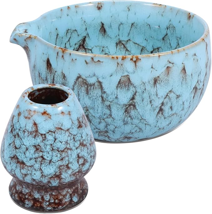 2Pcs Ceramic Matcha Bowl and Whisk Holder Set Easy to Use Tea Bowl and Whisk Stand Easy to Clean Matcha Tea Mixing Tool for Lover.(Kiln turns blove,2PCS)