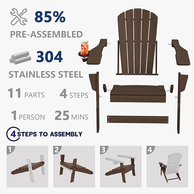 Plawdlik Folding Adirondack Chair, SGS Tested, Wooden Textured with Cup Holder, Heavy All-Weather HDPE Comfortable Set Poolside Backyard Lawn Coffee