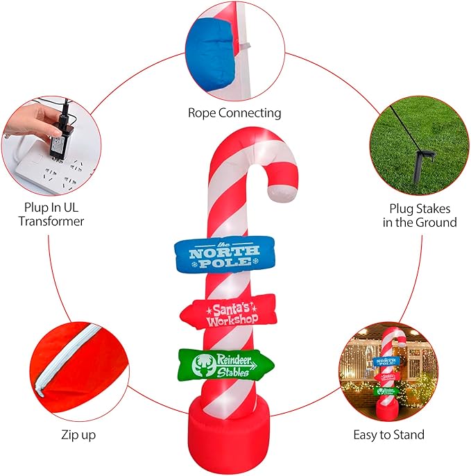 8ft Outdoor Candy Cane Stacking Sign Inflatables with LED Lights - Blow Up Yard, Garden, Lawn Decorations for Christmas Parties