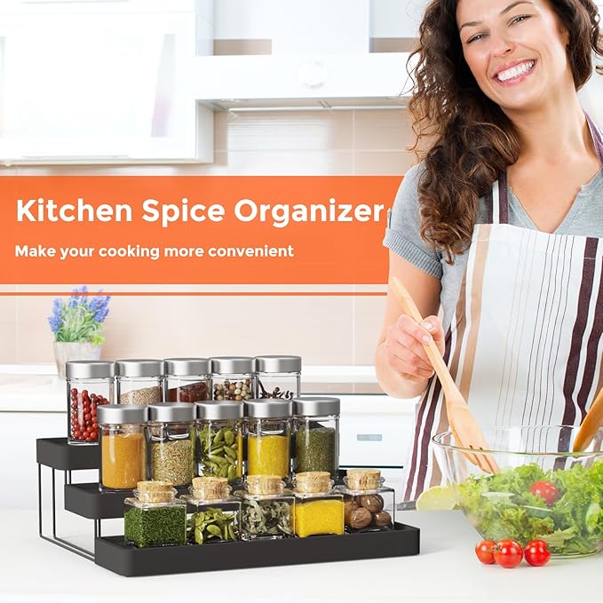 2 Pack Expandable Spice Rack Organizer for Cabinet - 3 Tier Adjustable Cabinet Spice Organizer Easy Visibility - Spice Organizer for Cabinet Countertop Cupboard Pantry Organization (Black)