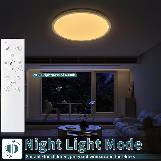 Led Ceiling Light Fixtures Dimmable with Remote Control, 15.4 Inch Ultra Thin Modern Flush Mount, 36 W, 4500 LM, with Night Light, for Bedroom, Kitchen, Dining Room, Living Room