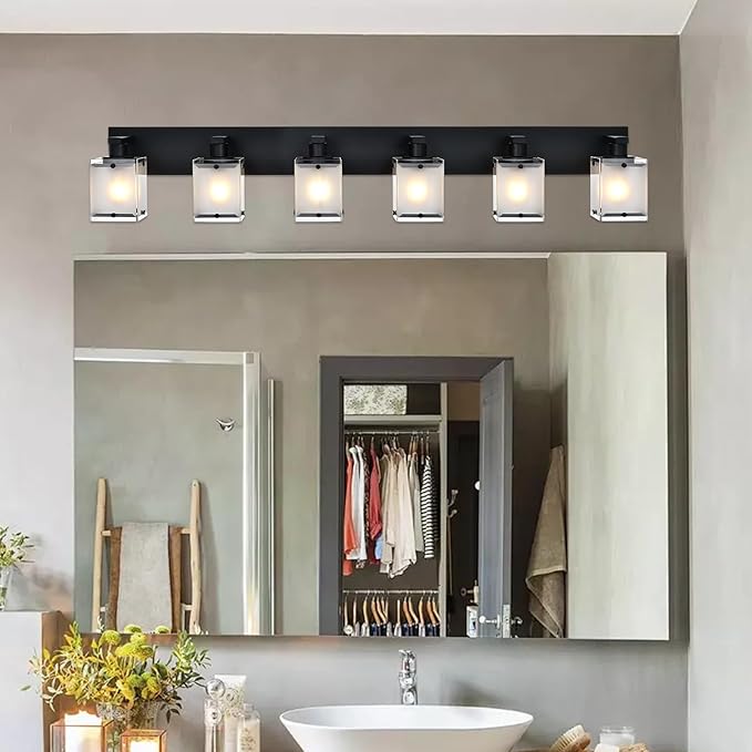 Bathroom Vanity Light Fixture, 6-Lights Modern Vanity Lighting Over Mirror with Frosted Glass Shades, Wall Mount Lamp for Bath Living Room, E26 Bulb Base