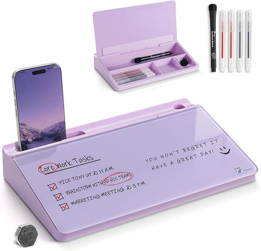 TOWON Small Compact Glass Desktop Whiteboard with Storage – 12 x 7 in Dry Erase Board for Desk, Home Office, School | Includes 5 Markers, Eraser & Holder | Space-Saving Organizer, Aesthetic Lavender