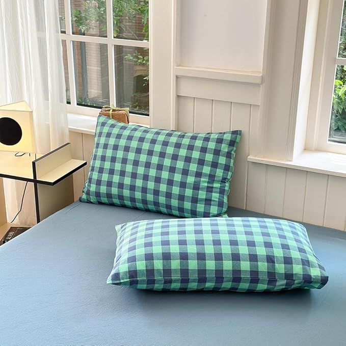 FACE TWO FACE Bedding Duvet Cover Set100% Washed Cotton Duvet Cover Linen Like Textured Breathable Durable Soft Comfy (Full, Blue Green Grid)