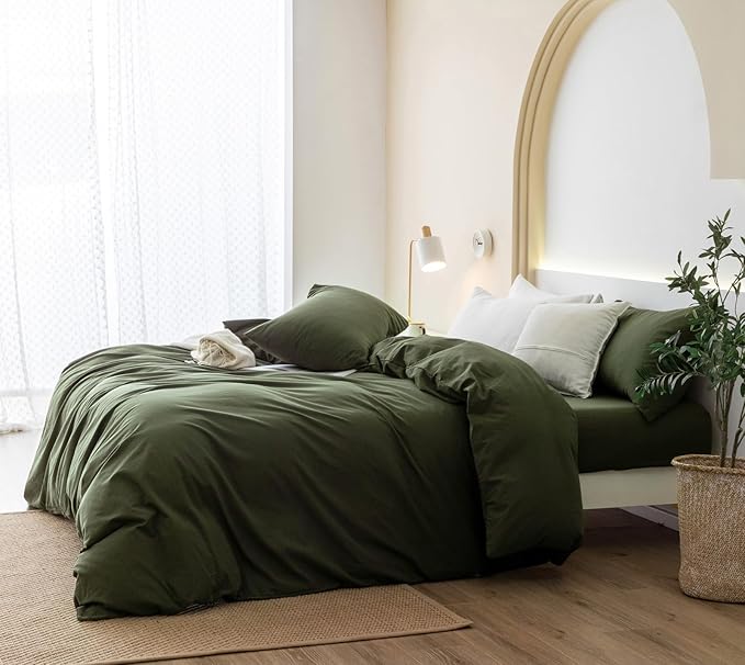 JIYUAN 100% Washed Cotton Duvet Cover Set 3 Pieces Cal King, 1 Duvet Cover 104x98 Inches(Comforter Not Included) and 2 Pillowcases,Linen Feel Bedding Set Comfy and Breathable,Olive Green