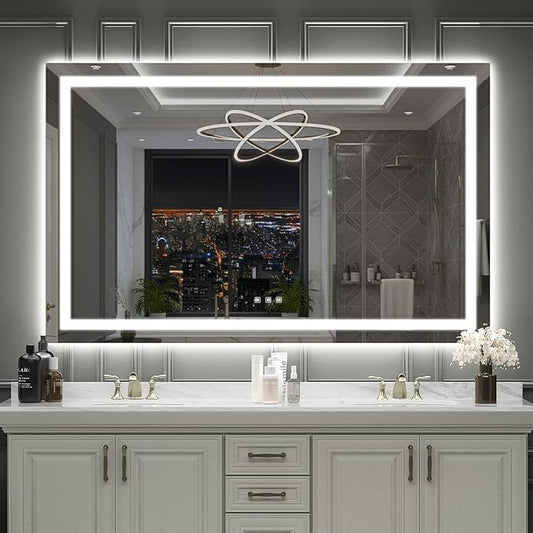 LED Mirror for Bathroom, 57x36 Inch Backlit + Front Lighted Bathroom Vanity Mirror with Lights for Wall, Double Light Strips, 3 Colors, Shatter-Proof, Anti-Fog and Brightness Memory