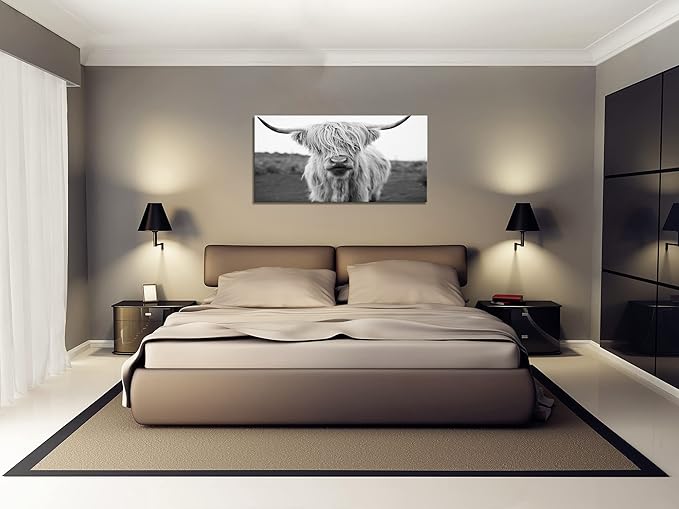 XXMWallArt FC3675 Highland Cow Canvas Art - Black and White Animal Wall Art for Living Room, Bedroom, Office Wall Decor