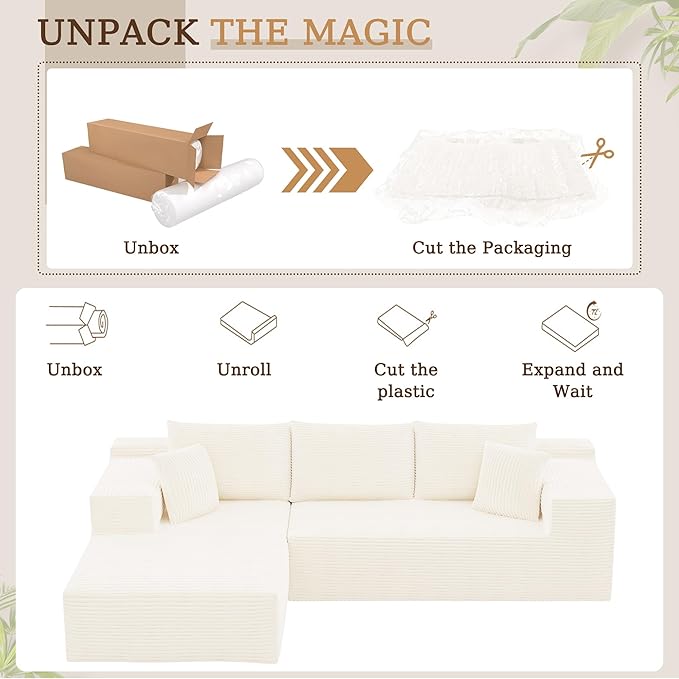 YESHOMY Sectional Couch, 108" Boneless Couches for Living Room, Modular Sectional Sofa with Deep Seat, Cloud Comfy Couch with L-Shape Chaise, No Assembly Required (Corduroy, Cream)