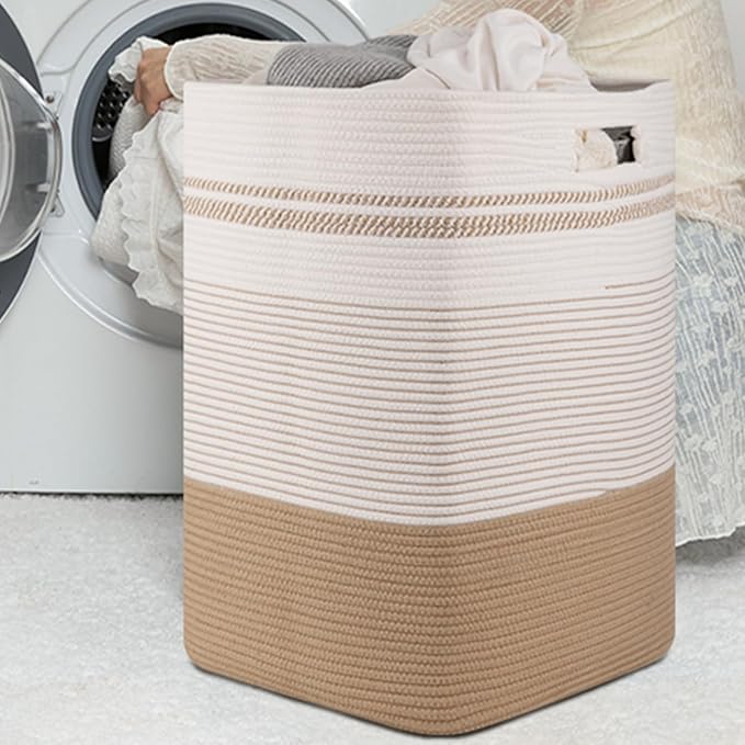 Laundry Hamper, Large Woven Rope Tall Laundry Basket with Handles, 24" X 16" X 16", Decorative Storage Basket for Clothes and Blankets in Living room, Bedroom, Jute & White