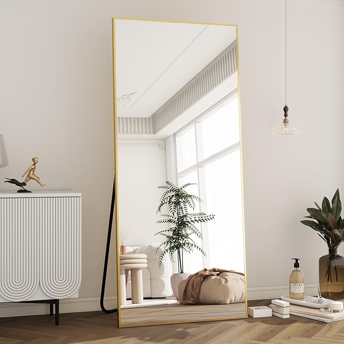 BEAUTYPEAK Full Length Mirror with Stand, 65"x24" Floor Mirror with Aluminum Alloy Thin Frame, ShatterVue Tempered Full Body Mirrors, Free Standing or Wall-Mounted Mirrors for Living Room, Gold