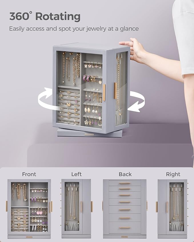 360° Rotating Jewelry Box with 7 Drawers, Spacious Vertical Jewelry Organizer with Glass Window, Jewelry Storage Case, Dustproof & Moisture-resistant Design, Grey