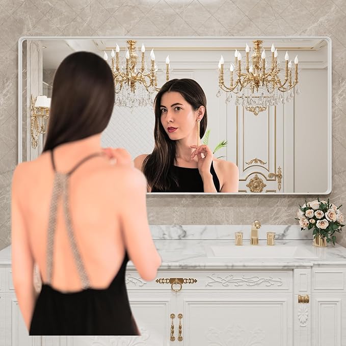 LOAAO 72x32 Inch White Metal Framed Bathroom Mirror for Wall, White Bathroom Vanity Mirror Farmhouse, Large Rounded Rectangle Mirror, Anti-Rust, Tempered Glass, Hangs Horizontally or Vertically