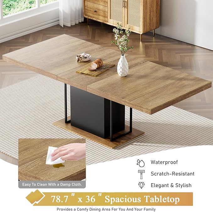 Goujxcy 78.7" Farmhouse Extendable Dining Room Table Set for 6, 7-Piece Rectangle Kitchen Dining Room Table Set with Wood Base and 6 Yellow Velvet Dining Chairs, Extending Kitchen & Dining Table Set