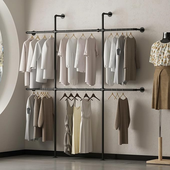 Industrial Pipe Clothing Rack Wall Mount, Black Pipe Clothes Rack with 6 Hanging Rods, Heavy Duty Pipe Clothing Rack for Laundry Room, Closet Systems for Walk in Closets